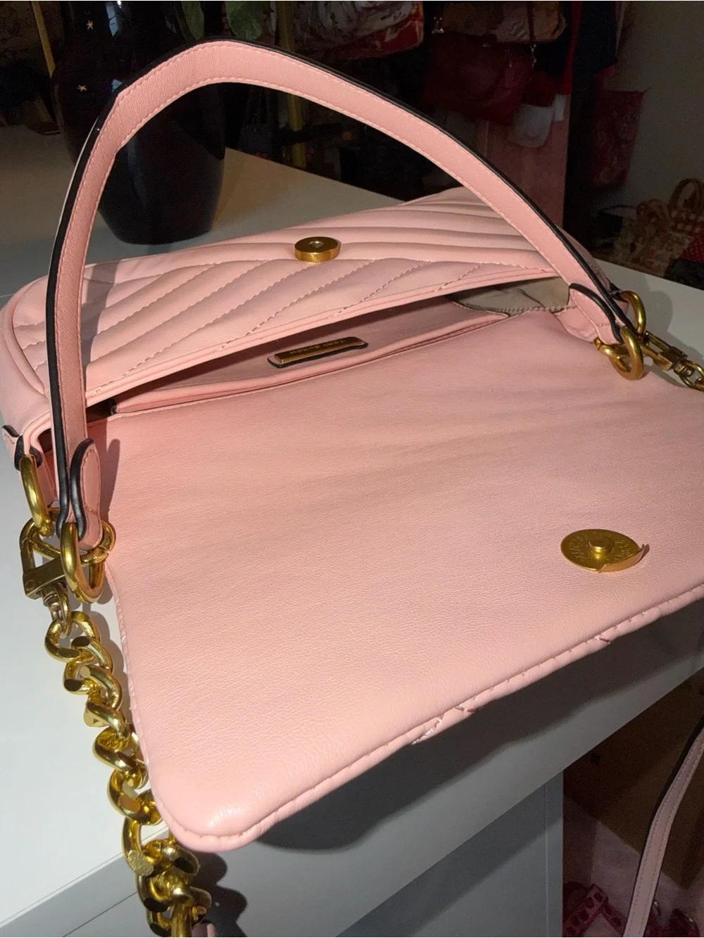 Tory Burch Kira Chevron Small Flap Pink Gold Shoulder Bag Logo 💕🛍️